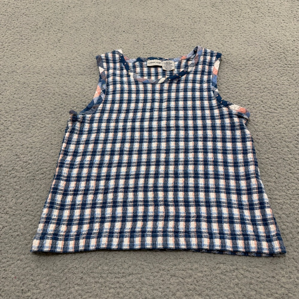 Cabin Creek Tank Petite XL Blue Plaid Seersucker Sleeveless Scoop Neck